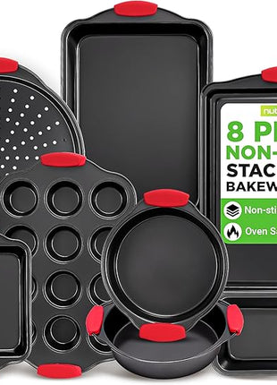 NutriChef Non-Stick Kitchen Oven Baking Pans-Deluxe & Stylish Nonstick Gray Coating Inside Outside, Commercial Grade Restaurant Quality Metal Bakeware with Red Silicone Handles NCSBS8S, 8 Piece Set
