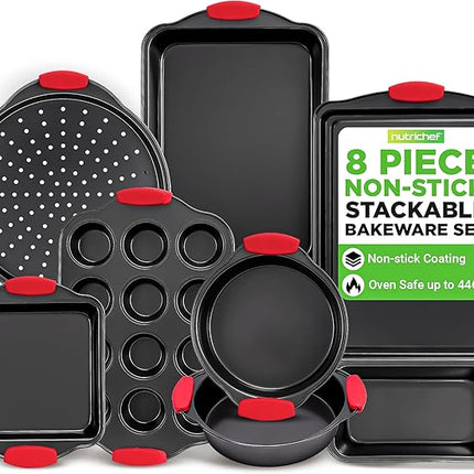 NutriChef Non-Stick Kitchen Oven Baking Pans-Deluxe & Stylish Nonstick Gray Coating Inside Outside, Commercial Grade Restaurant Quality Metal Bakeware with Red Silicone Handles NCSBS8S, 8 Piece Set