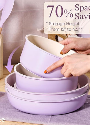 CAROTE Pots and Pans Set Non Stick, Cookware Sets, 19pcs Kitchen Set, Oven/Fridge Safe, Space Saving Pots Set, Nonstick Set with Versatile Removable/Detachable Handle, Induction RV Set, Purple