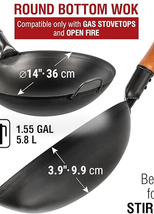 YOSUKATA 14" Carbon Steel Wok with Round Bottom – Pre-Seasoned Pow Wok for Stir Fry – Traditional Chinese Japanese Black Steel Pan – Outdoor Cookware for Gas Stovetops, Open Fire, BBQ, Camping