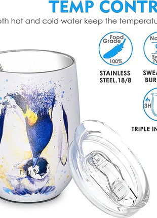 THILY Wine Tumbler Stainless Steel Insulated Stemless Wine Glass with Lid and Straw, Cute Cup Keep Cold for Coffee, Cocktails, Special Collection, Penguin