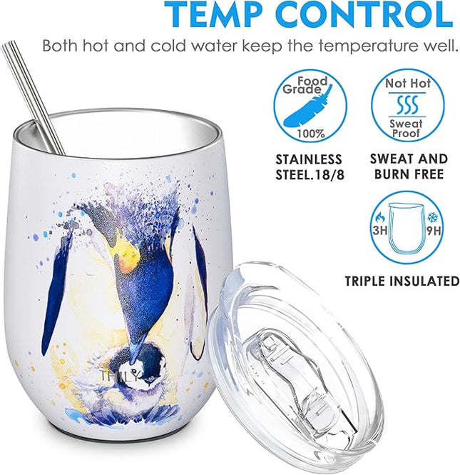 THILY Wine Tumbler Stainless Steel Insulated Stemless Wine Glass with Lid and Straw, Cute Cup Keep Cold for Coffee, Cocktails, Special Collection, Penguin