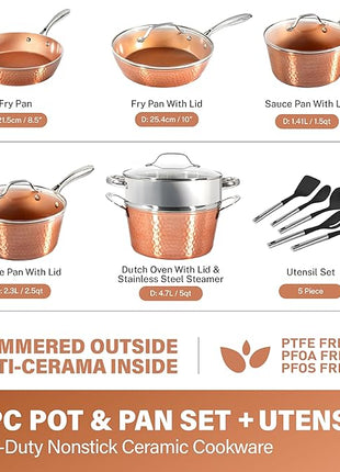 Gotham Steel Hammered 15 Pc Ceramic Cookware Set, Induction Pots and Pans Set Non Stick with Cooking Utensils & Steamer, Non Toxic Ceramic & Titanium Coating PFOA PFOS Free, Oven & Dishwasher Safe