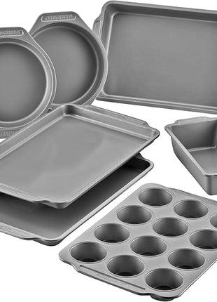 Farberware Bakeware Nonstick Baking Pans with Baking Sheets, Cake Pans, Meatloaf/Bread Pan, and Muffin Pan, 7 Piece Bakeware Set - Gray