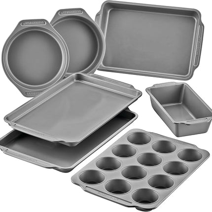Farberware Bakeware Nonstick Baking Pans with Baking Sheets, Cake Pans, Meatloaf/Bread Pan, and Muffin Pan, 7 Piece Bakeware Set - Gray