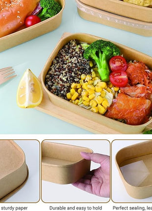 50 Sets 17oz Disposable Kraft Paper Bowls with Lids, Rectangle Paper Food Containers with Lids, Salad Bowls for Hot/Cold Food, Soup, Meal Prep, Ice Cream, Takeout, Party Supplies(500ml)