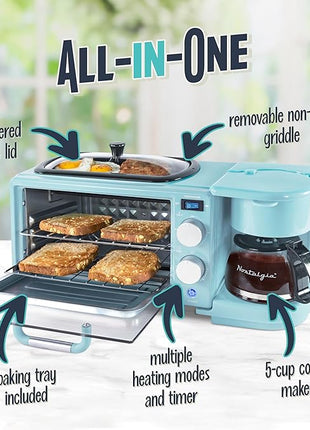 Nostalgia 3-in-1 Retro Breakfast Station - Includes 5 Cup Coffee Maker, Non-Stick Ceramic Griddle, and 4-Slice Toaster Oven - Built-In Timer, Reusable Coffee Filter, Space-Saving Design - Aqua