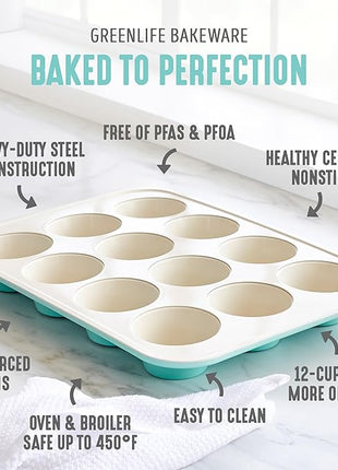 GreenLife 12-Cup Muffin Pan, PFAS-Free Healthy Nonstick Baking Tray, 11.4" x 1.9" x 15.9", Durable Ceramic Bakeware, Cupcakes, Egg Bites, Tarts, Brownies, Turquoise