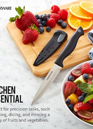 Farberware Edgekeeper 4.5-Inch Fine Edge Utility Knife with Self-Sharpening Blade Cover, High Carbon-Stainless Steel Kitchen Knife with Ergonomic Handle, Razor-Sharp Knife, Black