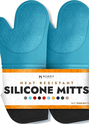 BPA-Free Soft Silicone Oven Mitts - Ultra Heat Resistant Oven Mitts with Thick Cotton Liner - Extra Long Slip Resistant Pot Holders, Flexible Oven Gloves - Aqua/Black 14.7"