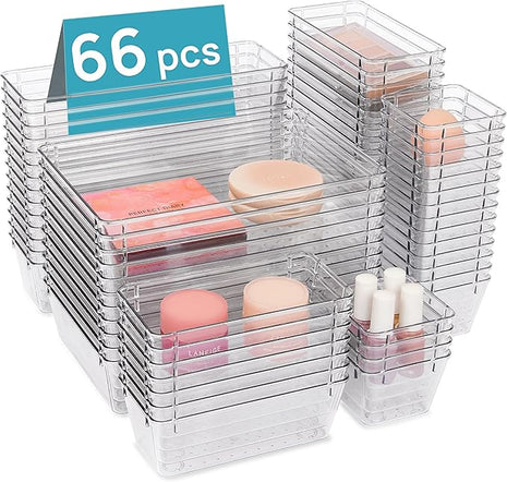 Vtopmart 66 PCS Clear Plastic Drawer Organizer Bins, 4-Size Versatile Bathroom and Vanity Organizer Trays, Acrylic Storage Containers for Makeup, Jewelry, Toiletry, Kitchen Utensils and Office Supply