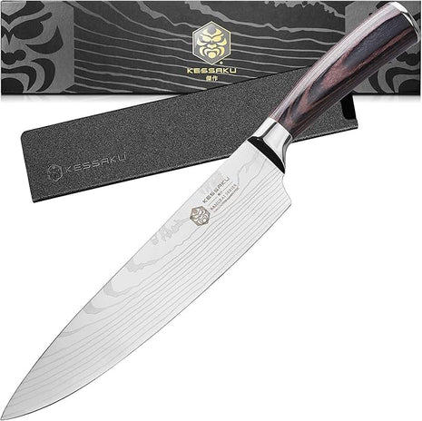 KESSAKU Chef Knife - 8 inch - Samurai Series - Razor Sharp Kitchen Knife - Forged 7Cr17MoV High Carbon Stainless Steel - Wood Handle with Blade Guard