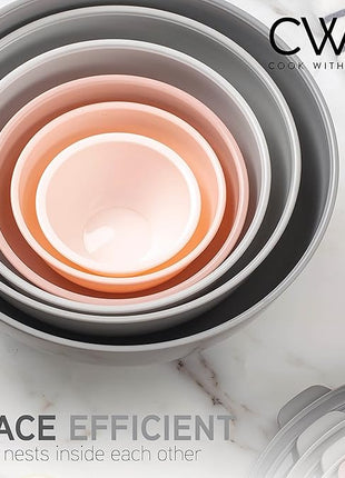 COOK WITH COLOR Mixing Bowls with TPR Lids - 12 Piece Plastic Nesting Bowls Set includes 6 Prep Bowls and 6 Lids, Microwave Safe Mixing Bowl Set (Pink Ombre)