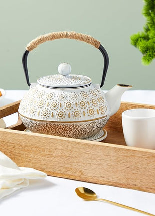 Juvale Stovetop Cast Iron Tea Kettle with Infuser - Superior Heat Retention Loose Leaf Tea Pot - Built-In Teapot with Strainer - Includes Trivet & Infuser Kettle - White, 27 Oz (800 ml)