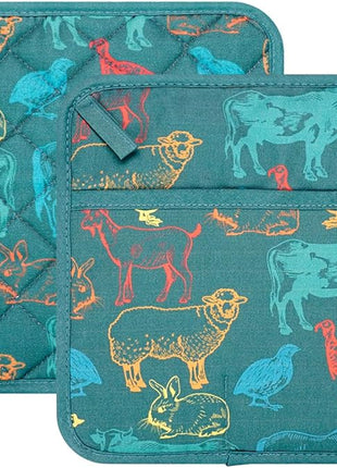 Pot Holders Set of 2 Heat Resistant 480℉ Kitchen 100% Cotton Comfortable Lining Printing Farm Cattle Flower Women Men Home Cooking Baking Microwave BBQ Gift (Farm Cattle potholds)