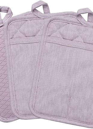 Pot Holders Yarn-Dyed Set of 3 Non Slip Silicone Kitchen Lines Heat Resistant 500℉ Kitchen Gloves BBQ Cooking Baking Cooking Barbecue Microwave Machine Washable (Purple Pot Holders)