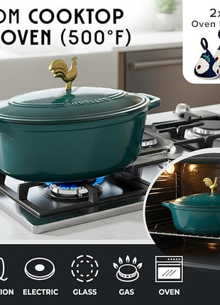 MUELLER HOME 5.5 Quart Enameled Cast Iron Oval Dutch Oven with Rooster Knob and Cotton Potholders, Heavy-Duty Cookware, Oven-Safe up to 500° F & Across All Cooktops, Thanksgiving Essentials, Emerald