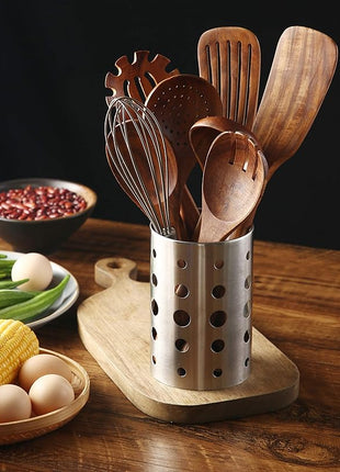 Wooden Kitchen Utensils Set with Holder, NAYAHOSE 9 Pcs Teak Wood Spoons for Cooking Spatula Set with Stainless Steel Storage Barrel