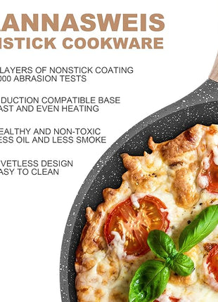 Caannasweis Nonstick Granite Frying Pan Skillet, Non Stick Omelette Fry Pans, Omelet Egg Pan, Stone Cookware Chef's Pan, Induction Compatible, PFOA Free (Gray, 12 Inch with Lid)