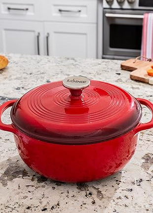 Lodge 4.5 Quart Enameled Cast Iron Dutch Oven with Lid – Dual Handles – Oven Safe up to 500° F or on Stovetop - Use to Marinate, Cook, Bake, Refrigerate and Serve – Island Spice Red