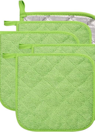 100% Cotton Kitchen Everyday Basic Terry Pot Holder Heat Resistant Coaster Potholder for Cooking and Baking Set of 5 Apple Green