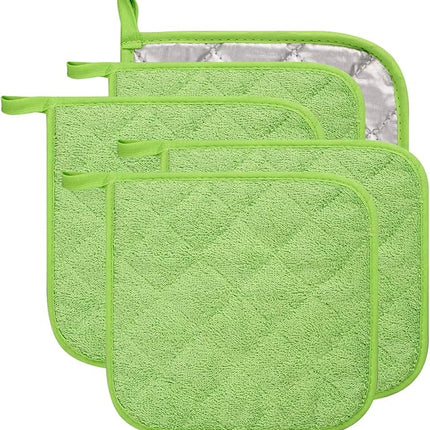 100% Cotton Kitchen Everyday Basic Terry Pot Holder Heat Resistant Coaster Potholder for Cooking and Baking Set of 5 Apple Green