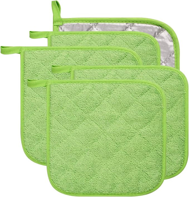 100% Cotton Kitchen Everyday Basic Terry Pot Holder Heat Resistant Coaster Potholder for Cooking and Baking Set of 5 Apple Green