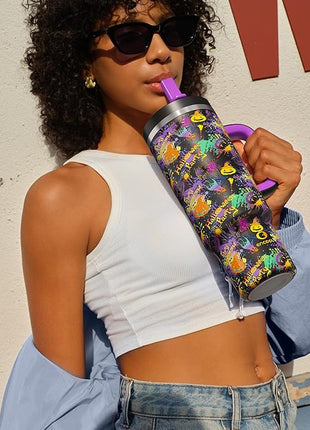 ENCOOL 40 oz Tumbler with Handle and Straw: Stainless Steel Insulated Tumbler Keeps Cold for 24 Hours, Leakproof Travel Cup Fits in Cup Holder and BPA-Free, Meowgic Night