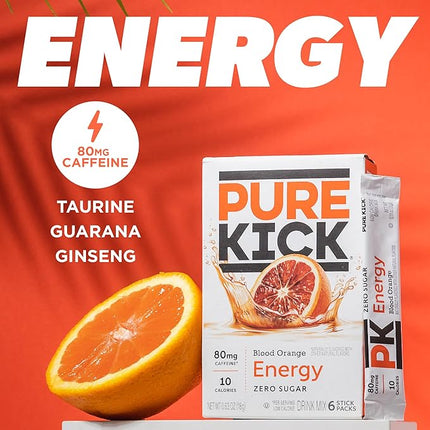 Pure Kick Energy Singles To Go Drink Mix, Blood Orange, Includes 12 Boxes with 6 Packets in each Box, 72 Total Packets