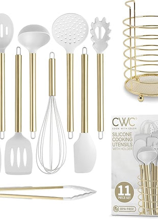 COOK WITH COLOR Silicone Cooking Utensils, Kitchen Utensil Set, Easy to Clean Silicone Kitchen Utensils, Cooking Utensils for Nonstick Cookware, Kitchen Gadgets Set with Holder, 10 Pieces