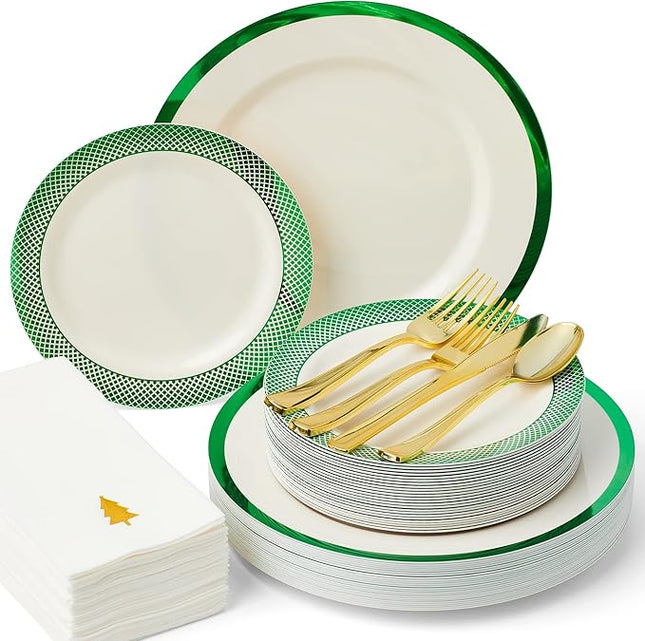 By Madee HEAVYWEIGHT 175 Pc Ivory Plates with GreenTrim | Disposable Dinnerware Set for 25 Guests