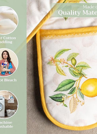 Maison d' Hermine Double Oven Mitts 100% Cotton 7"x35" Double Oven Mitt Heat Resistant BBQ Cooking Gloves with Loop, Baking, Grilling, Home, Kitchen, Handling Hot Pans Spring Summer (Limoncello)