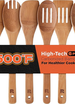 Riveira Dark Bamboo Wooden Spoons for Cooking 6-Piece, Apartment Essentials Wood Spatula Spoon Nonstick Kitchen Utensil Set Premium Quality Housewarming Gifts for Everyday Use