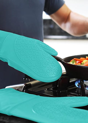 BPA-Free Soft Silicone Oven Mitts - Ultra Heat Resistant Oven Mitts with Thick Cotton Liner - Long Slip Resistant Pot Holders, Flexible Oven Gloves - Turquoise 13.7"