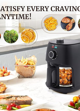 Elite Gourmet EAF2305 Glass Air Fryer, 2.4Qt Capacity, PFAS Free Ceramic Coated Ceralast™ Air Fry Rack, Adjustable Temperature 175°F to 400°F, 30-Minute Timer, 1150-Watts, 15 Recipes, Black