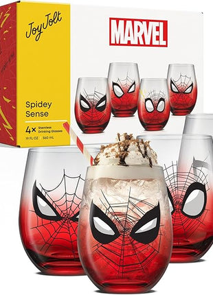 JoyJolt Marvel Spider-Man Spidey-Sense Stemless Drinking Glasses, 19oz Superhero Glass Tumblers, Set of 4 Drink Glasses, Marvel Gifts for Men and Women