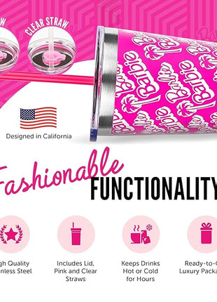 Dragon Glassware x Barbie Vacuum Insulated Tumbler with Lid and Straw - 16 oz Tumbler Cup with 2 Straws - Stainless Steel Tumbler with Straw for Water, Iced Tea - Travel Coffee Tumbler - Classic