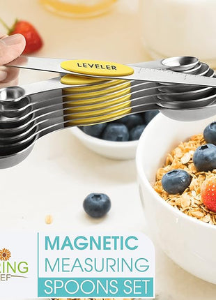 Spring Chef Magnetic Measuring Spoons Set, Dual Sided, Stainless Steel, Fits in Spice Jars, Yellow, Set of 8, 2 Pack