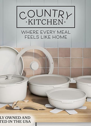 Country Kitchen Cookware Set with Removable Handle, Oven & RV Safe Pots and Pans Set, Cream Gold Speckle Wood Handle, Original