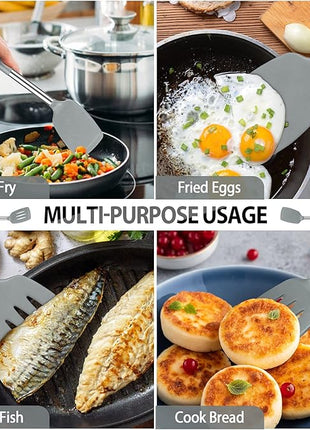 Pack of 4 Large Silicone Cooking Spatulas and Spoons, Slotted and Solid Stainless Steel Cooking Utensils Set, Non-stick Heat Resistant Kitchen for Baking, Fried, Stir-Fry, Mixing, Serving (Grey)