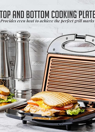 OVENTE Electric Panini Press Grill with Nonstick Plates, LED Indicator Lights, Thermostat Control, Compact Sandwich Maker Perfect for Cooking Breakfast, Steaks, Eggs Snacks & More, Copper GP0110CO