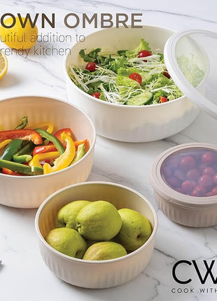 COOK WITH COLOR Prep Bowls with Lids- Wide and Deep Nesting Plastic Small Mixing Bowl Set with Lids, 12 Piece Set - Wide Bowls, Brown