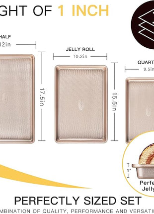 HONGBAKE Baking Sheet Pan Set of 3, Cookie Sheets for Oven, Nonstick Half/Quarter/Jelly Roll Pans with Diamond Texture Pattern, 0.8mm Thick Heavy Duty Cookie Tray, Champagne Gold