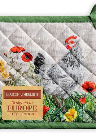 Maison d' Hermine Pot Holders 100% Cotton Heat Resistant Potholders 8" x 8" Hot Pads with Loop BBQ, Cooking, Baking, Grilling, Kitchen, Handling Hot Pans Spring/Summer (Pack of 1, Basse Cour)