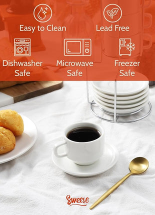 Sweese Porcelain Espresso Cups Set, 4 oz Stackable Cups with Saucers Metal Stand, Set of 4, White