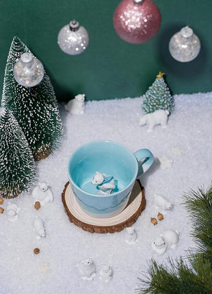 DIHOclub Skiing Polar Bear Ceramic Cup Hidden Animal Inside Mug Cute Cartoon Handmade Figurine Mugs,Holiday and Birthday Gift for Coffee Milk Tea Lovers,12 OZ(Blue White)
