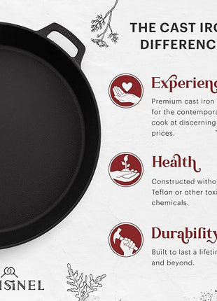 Cuisinel Cast Iron Skillet + Chainmail Scrubber Cleaner - 17"-Inch Dual Handle Braiser Frying Pan + Silicone Handle Covers - Pre-Seasoned Oven, Grill, BBQ, Stovetop, Fire Cookware - Indoor/Outdoor Use