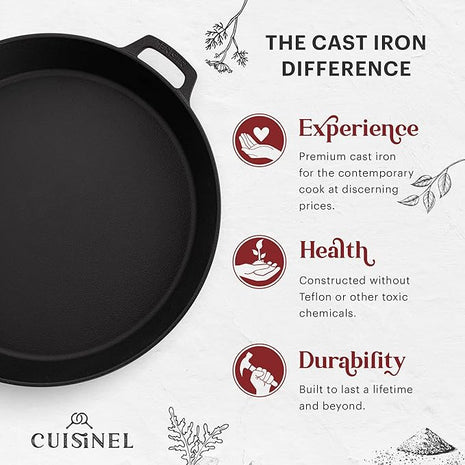 Cuisinel Cast Iron Skillet + Chainmail Scrubber Cleaner - 17"-Inch Dual Handle Braiser Frying Pan + Silicone Handle Covers - Pre-Seasoned Oven, Grill, BBQ, Stovetop, Fire Cookware - Indoor/Outdoor Use