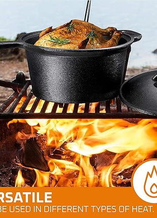 Bruntmor Camping Cooking Set of 7. Pre Seasoned Cast Iron Pots and Pans Dutch Oven with Lids for Outdoor Comefire. Grill Cookware Skillet Sets with Storage Box