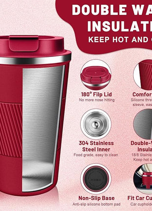 Insulated Coffee Tumblers with Flip Lid 12oz / 17oz, Stainless Steel Travel Coffee Mug Leak Proof, Vacuum Insulated Reusable Cup, Keeps Cold and Hot for Tea